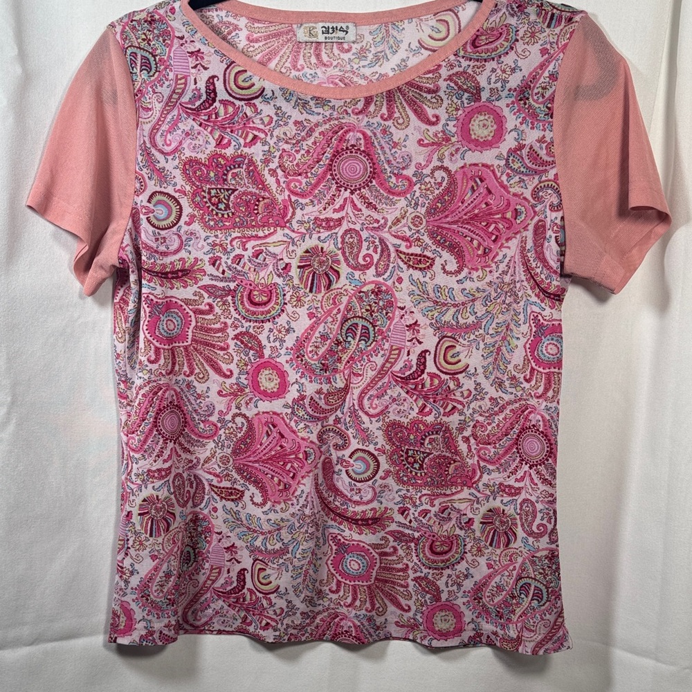 Kim Chang Sook Boutique Pink Paisley Mixed Media Top Short Sleeve Blouse